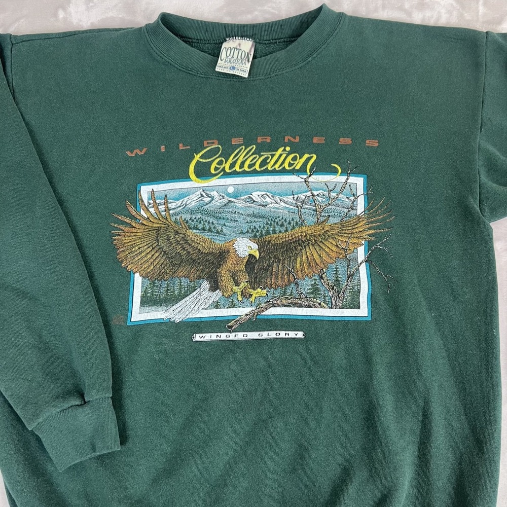 Vintage Cotton Grove Sweater Adult Large Green Wilderness Eagle Nature USA 90s